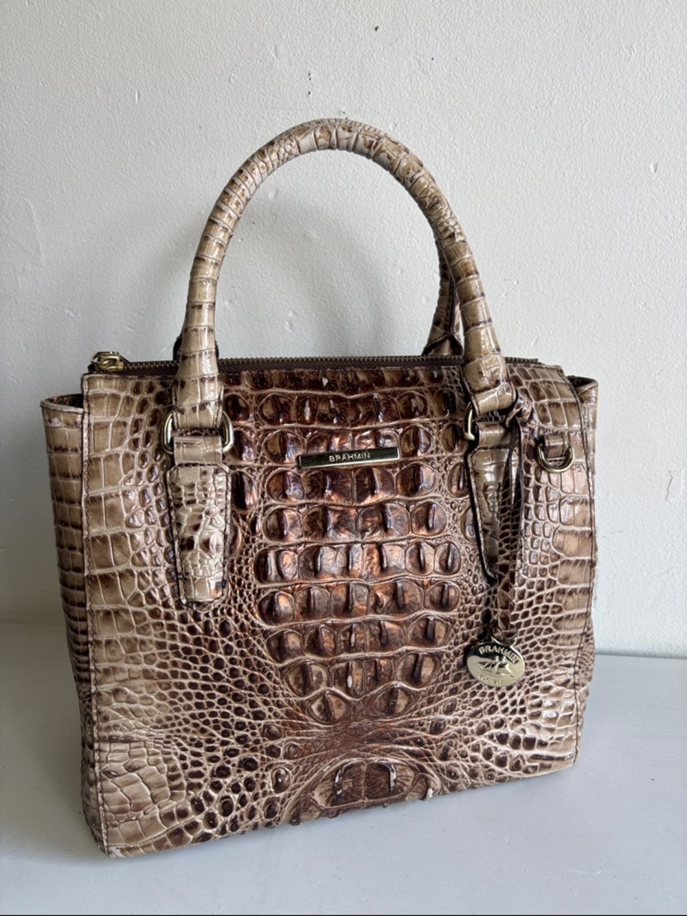 Brahmin Brown Taupe Croc-Embossed Leather Satchel